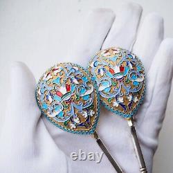 Antique Imperial Russian Solid Silver Spoons Cloisonne Enamel V. Agafonov