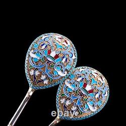 Antique Imperial Russian Solid Silver Spoons Cloisonne Enamel V. Agafonov