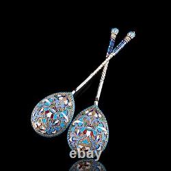 Antique Imperial Russian Solid Silver Spoons Cloisonne Enamel V. Agafonov