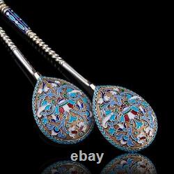 Antique Imperial Russian Solid Silver Spoons Cloisonne Enamel V. Agafonov