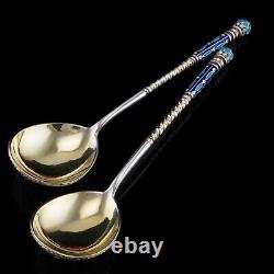 Antique Imperial Russian Solid Silver Spoons Cloisonne Enamel V. Agafonov