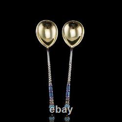 Antique Imperial Russian Solid Silver Spoons Cloisonne Enamel V. Agafonov