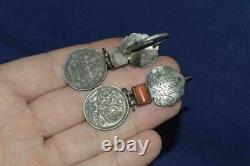 Antique Imperial Russian Sterling Silver 84 Coral Women's Jewelry Coin Earrings