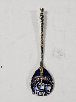 Antique Imperial Russian Sterling Silver 925 Enamel Souvenir Coffee Spoon Rare