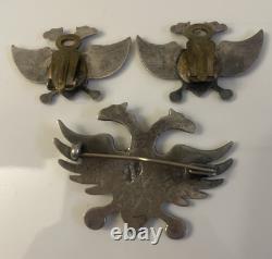 Antique Imperial Russian Two Headed Eagle Brooch Pin withClip Earrings 800 Silver