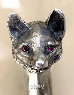 Antique Imperial Russian XIX Century 84 Silver & Rubies Fox Head Walking Stick