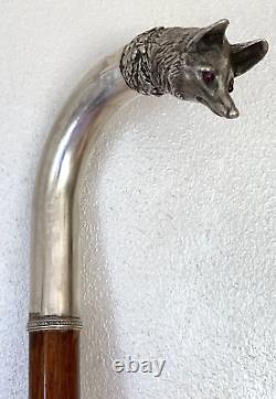 Antique Imperial Russian XIX Century 84 Silver & Rubies Fox Head Walking Stick