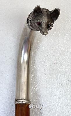Antique Imperial Russian XIX Century 84 Silver & Rubies Fox Head Walking Stick