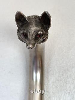 Antique Imperial Russian XIX Century 84 Silver & Rubies Fox Head Walking Stick