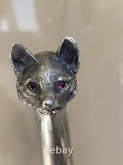 Antique Imperial Russian XIX Century 84 Silver & Rubies Fox Head Walking Stick