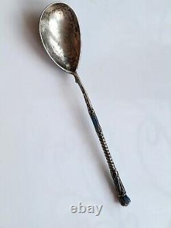 Antique Imperial Russian silver 84 cloisonne enamel spoon, lengt 13.5cm- 19.2g