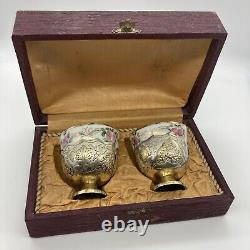 Antique Ottoman Pair of Silver Gilt Zarf Imperial Russian Bowls Original Box