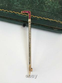 Antique Riding Stick Brooch Imperial Russian Faberge 18k 72 Gold Ruby Diamond