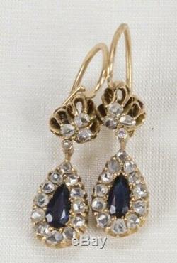 Antique Russian 14K Gold Sapphire Diamond Pear Drop Pre-1917 Imperial Earrings