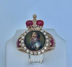 Antique Russian Imperial 14K Gold Diamonds Enamel Miniature Portrait Mens Ring