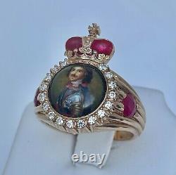 Antique Russian Imperial 14K Gold Diamonds Enamel Miniature Portrait Mens Ring