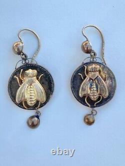Antique Russian Imperial 56 gold fly earrings bee insect bug USSR Soviet