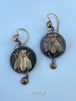 Antique Russian Imperial 56 gold fly earrings bee insect bug USSR Soviet