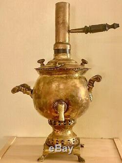 Antique Russian Imperial Brass Samovar, Round, Vintage Tea Urn, Tula