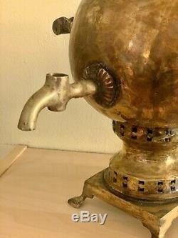 Antique Russian Imperial Brass Samovar, Round, Vintage Tea Urn, Tula