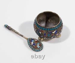 Antique Russian Imperial Cloisonné Enamel 84 Silver Gilt Salt Dish & Spoon