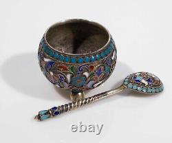 Antique Russian Imperial Cloisonné Enamel 84 Silver Gilt Salt Dish & Spoon