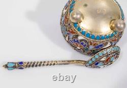 Antique Russian Imperial Cloisonné Enamel 84 Silver Gilt Salt Dish & Spoon