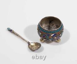 Antique Russian Imperial Cloisonné Enamel 84 Silver Gilt Salt Dish & Spoon