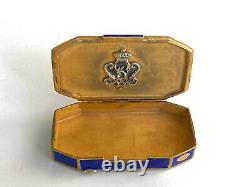 Antique Russian Imperial Faberge Solid Silver Blue Enamel Gilded Box Coat Arms