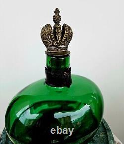 Antique Russian Imperial Green Glass Bottle & Imperial Bronze Crown