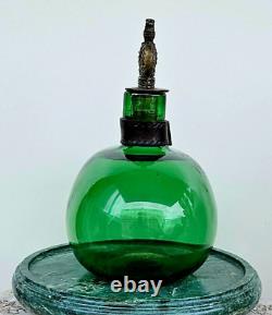 Antique Russian Imperial Green Glass Bottle & Imperial Bronze Crown