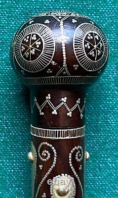 Antique Russian Imperial Hardwood Walking Cane Pique Inlaid Silver Teardrops
