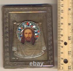 Antique Russian Imperial Icon Jesus Enamel Sterling Silver (#5001)