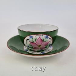 Antique Russian Imperial Porcelain Cup And Saucer Painted Flowers Green Ground
