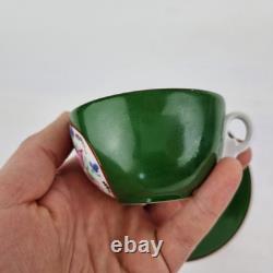 Antique Russian Imperial Porcelain Cup And Saucer Painted Flowers Green Ground