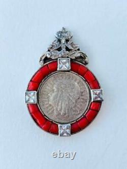 Antique Russian Imperial Silver 84 Coral Pendant Coin Queen Poland Jadwiga 17gr