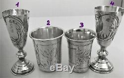 Antique Russian Imperial Silver 84 Four Beautiful Engraved Kiddush Cups