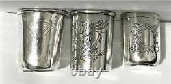 Antique Russian Imperial Silver 84 Three Engraved Cups