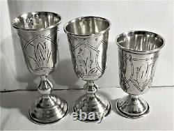 Antique Russian Imperial Silver 84 Three Engraved Kiddush Cups, I. E. Zakhoder