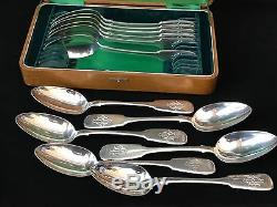 Antique Russian Imperial Silver Set of 12 Spoons by Ovchinnikov in Original Box