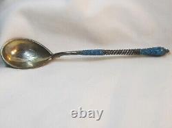 Antique Russian Imperial silver & cloisonne enamel spoon engraved