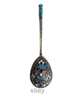 Antique Russian Imperial solid silver spoon with enamel 84 Zolotniki RUSSIA 18gr