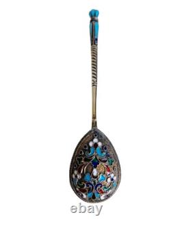 Antique Russian Imperial solid silver spoon with enamel 84 Zolotniki RUSSIA 18gr