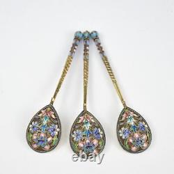 Antique Set of Imperial Russian 3 Spoons Gilt Silver 84 Enamel N. Zverev 19th C