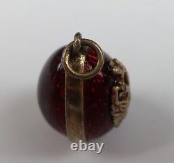 Antique Vintage Russian Egg Pendant Red Guilloche Enamel Imperial Eagle Silver