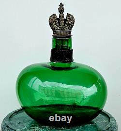 Antique Vintage Russian Imperial Green Glass Bottle & Imperial Bronze Crown