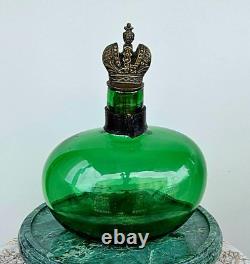 Antique Vintage Russian Imperial Green Glass Bottle & Imperial Bronze Crown
