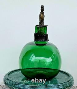 Antique Vintage Russian Imperial Green Glass Bottle & Imperial Bronze Crown