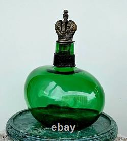 Antique Vintage Russian Imperial Green Glass Bottle & Imperial Bronze Crown