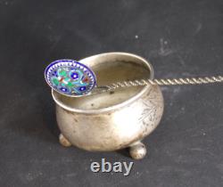 Antique imperial russian silver 84 enamel set, caviar spice herb salt, mark